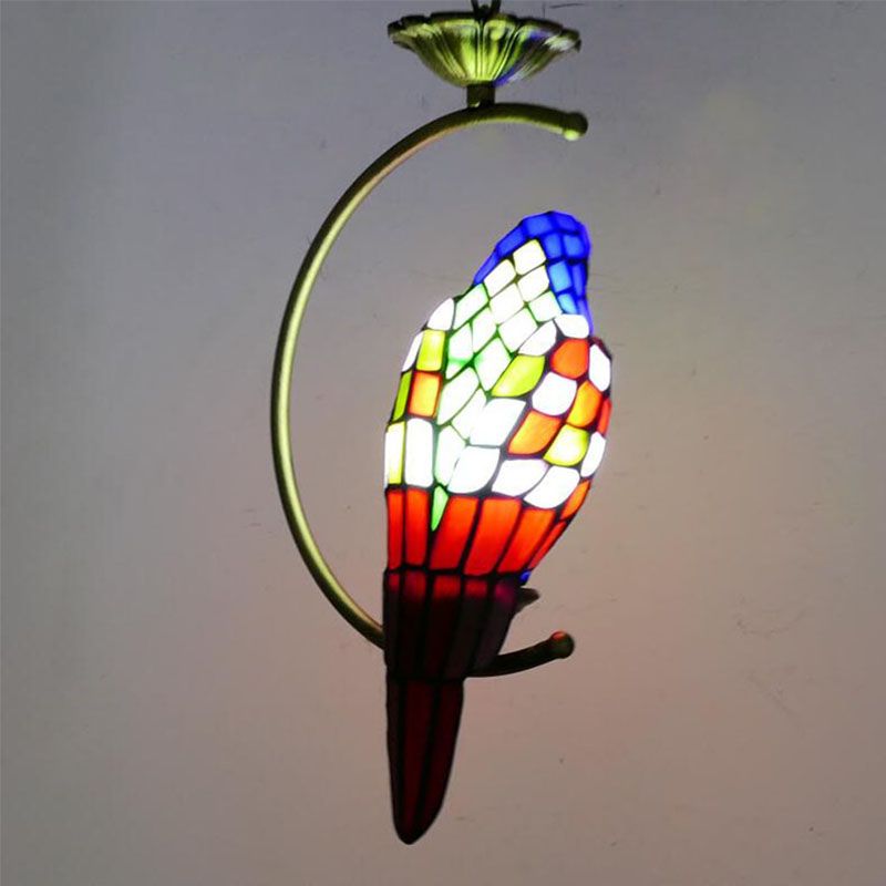 Blue/Green Parrot Suspension Pendant Light Tiffany Style 1 Light Stained Art Glass Ceiling Lamp for Bedroom