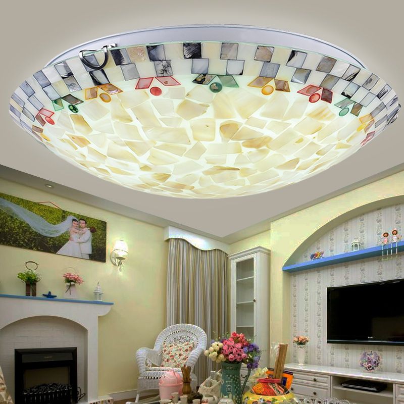 Beige Bowl Flush Mount Lamp Tiffany Mosaics Glass Flush Mount Ceiling Light for Bedroom