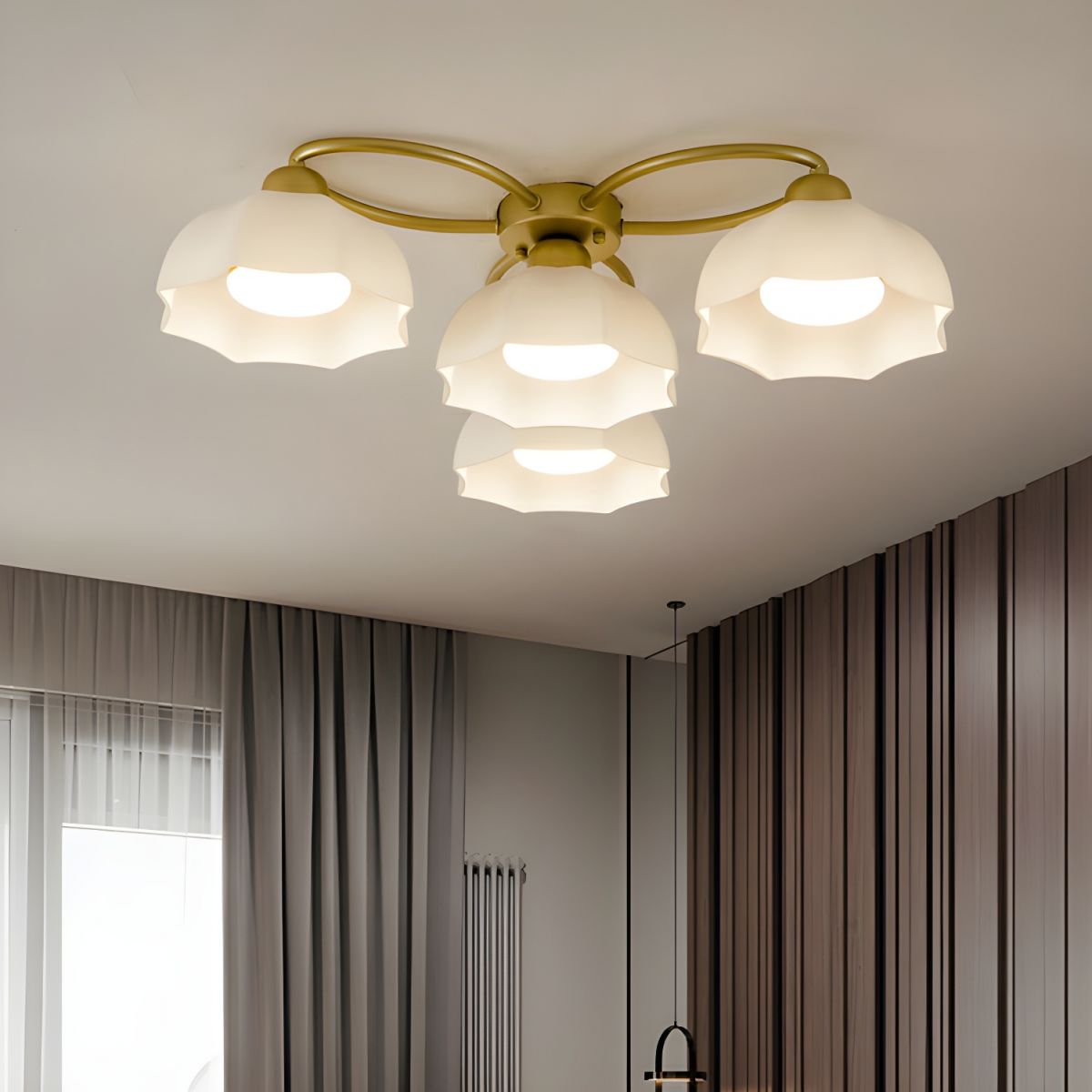 Modern Gold Dome Semi-Flush Mount Ceiling Light Elegant White Glass Shade