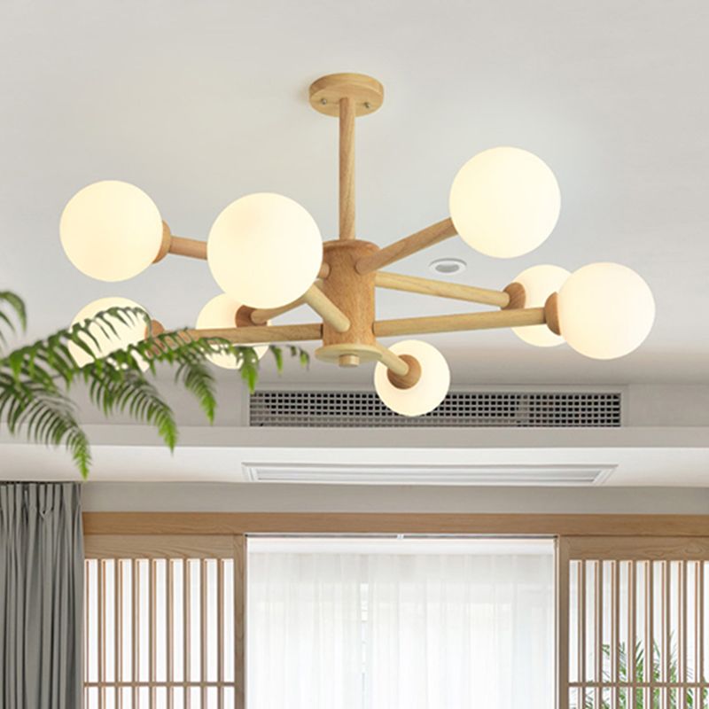 Beige Solid Wood Hanging Light Simplicity Modern Style White Frosted Glass Shade Chandelier Lamp for Living Room Bedroom