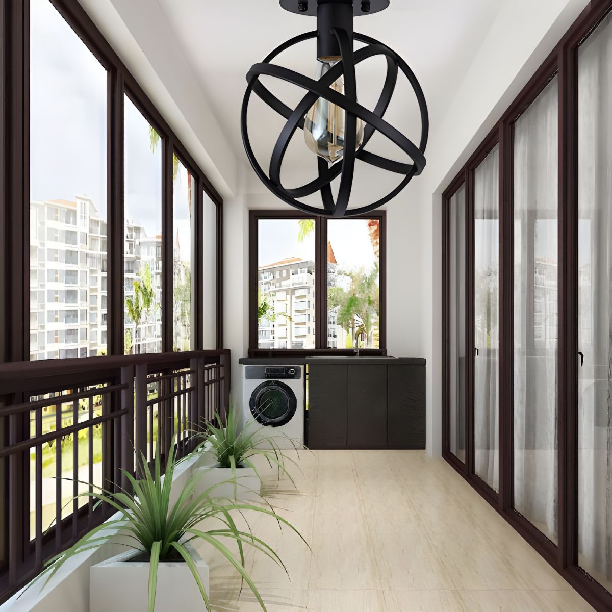 Retro Stylish Orb Cage Ceiling Fixture 1 Bulb Metallic Semi Flush Pendant Light in Black for Balcony