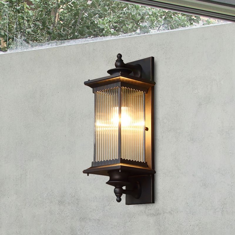 Cuboid Outdoor Sconce Light Country Clear Ribbed Glass 1-Head Black/Bronze/Coffee Wall Lamp for Gate
