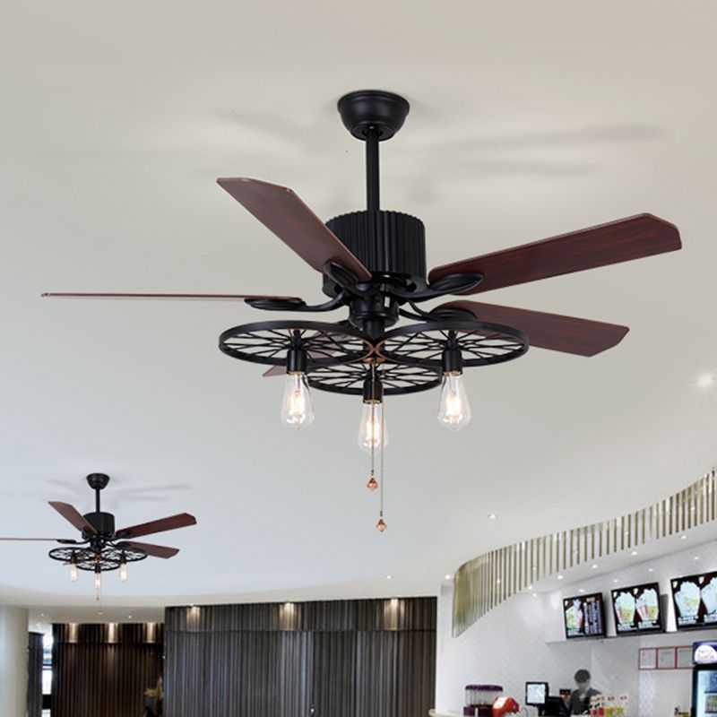 3 Lights Wheel Ceiling Fan Industrial Retro Metal Semi Flush in Black with 5 Blades