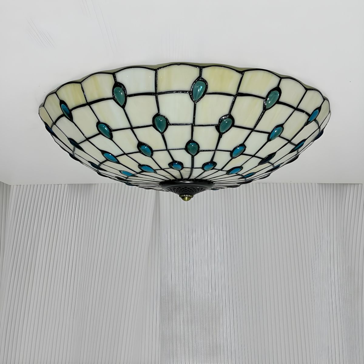 Tiffany Style Metal Flush Mount Ceiling Light with White Glass Shade