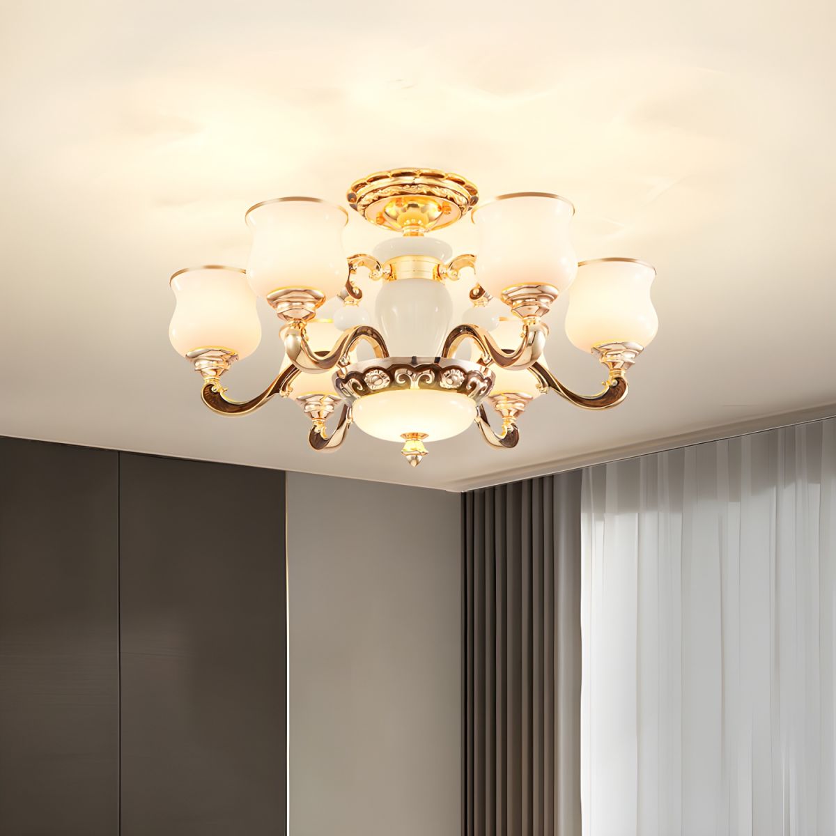 White Glass Cylinder Semi-Flush Mount Ceiling Light for Modern Home with Upward Shade Direction