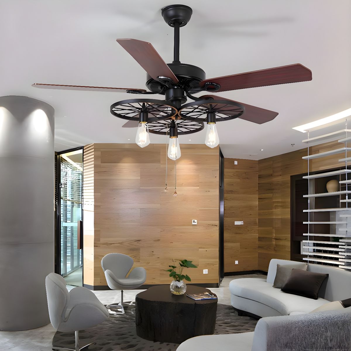3 Lights Wheel Ceiling Fan Industrial Retro Metal Semi Flush in Black with 5 Blades