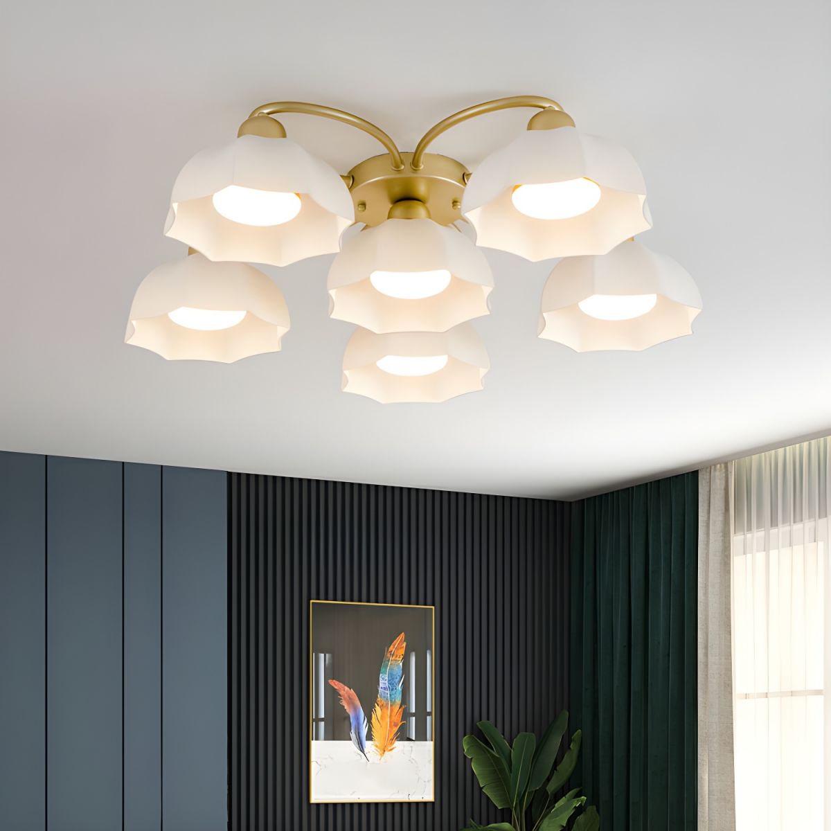 Modern Gold Dome Semi-Flush Mount Ceiling Light Elegant White Glass Shade