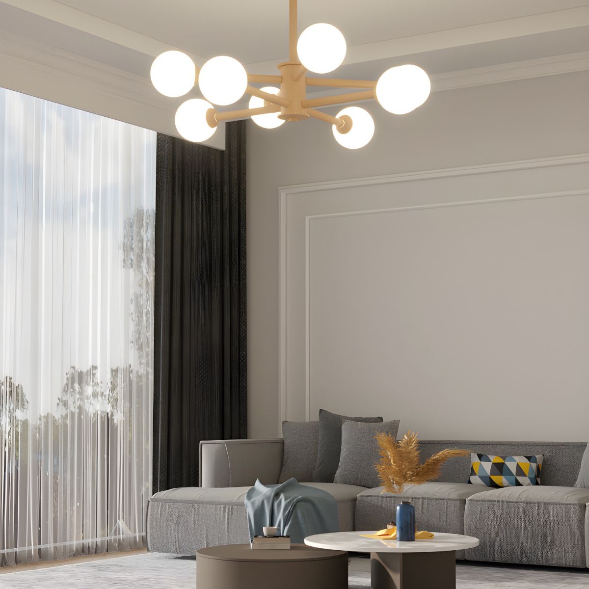 Beige Solid Wood Hanging Light Simplicity Modern Style White Frosted Glass Shade Chandelier Lamp for Living Room Bedroom