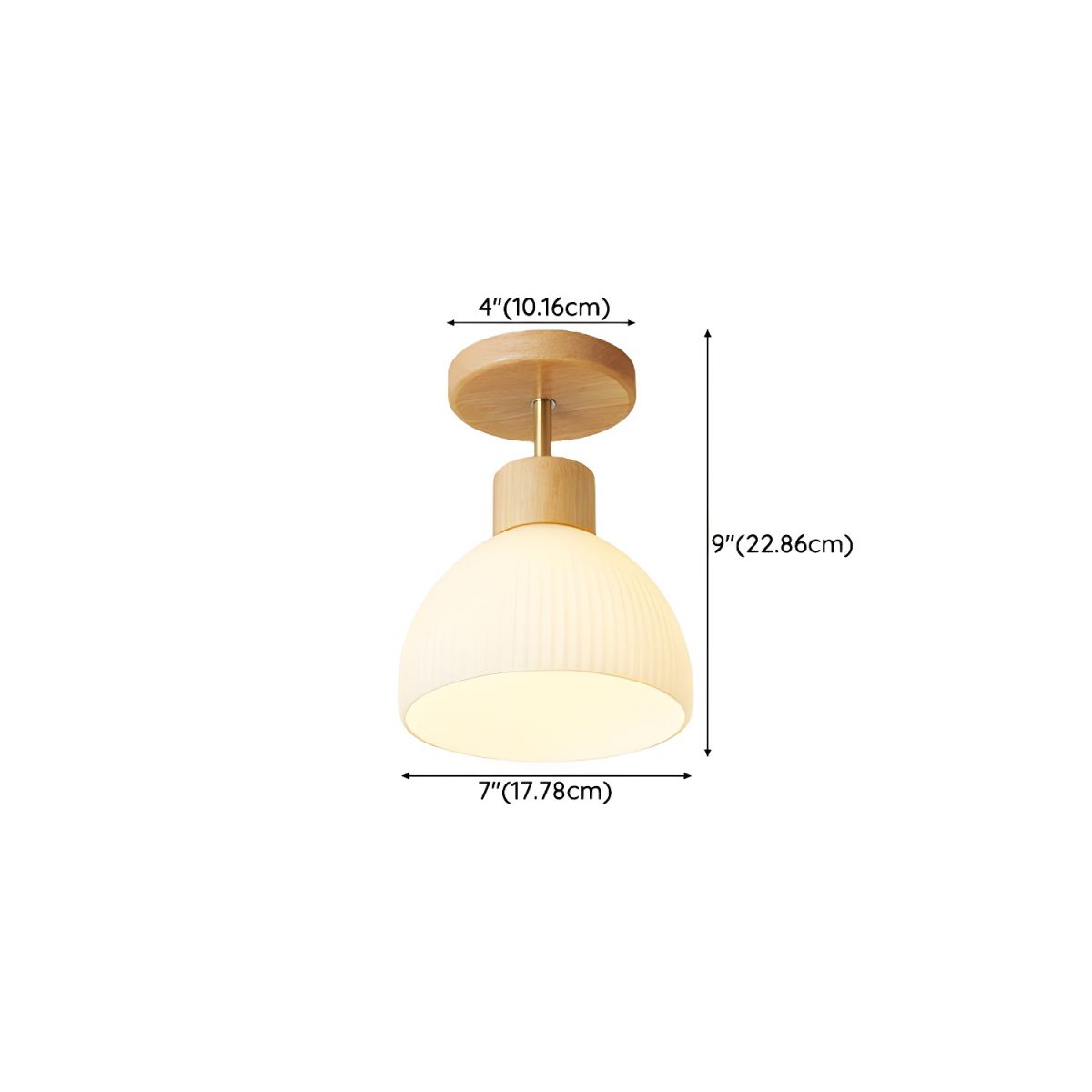 Natural Wood Semi-Flush Mount Ceiling Light with White Glass Bowl Shade