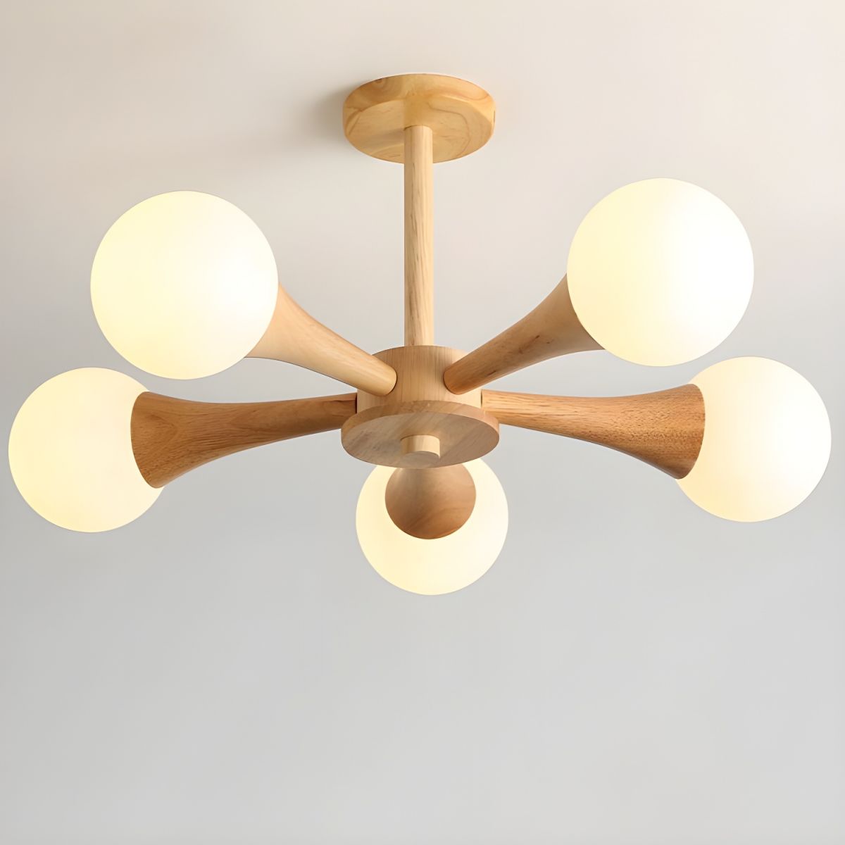 Modern Natural Wood Globe Semi-Flush Mount Ceiling Light with White Glass Shade