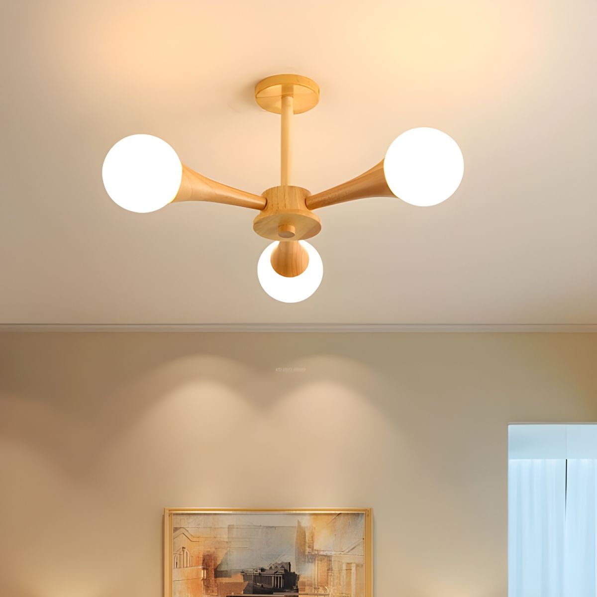 Modern Natural Wood Globe Semi-Flush Mount Ceiling Light with White Glass Shade