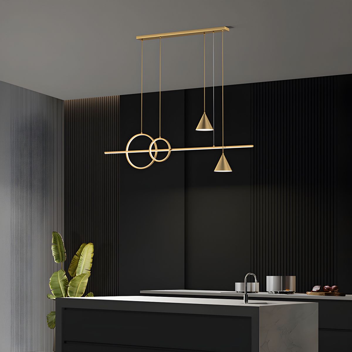 Modern Brass Island Light with 5 Lights and Adjustable Hanging Length