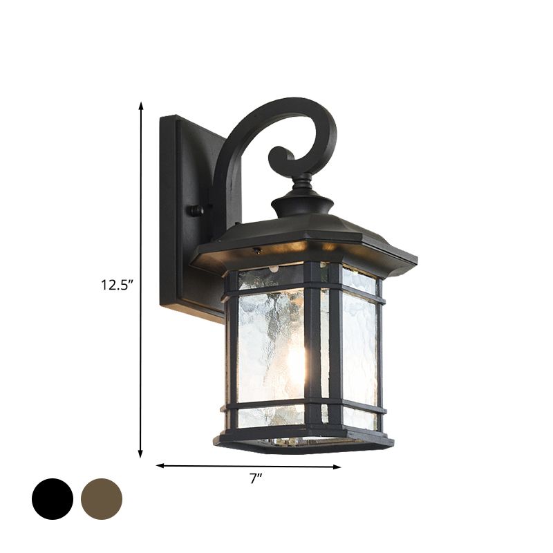 Bronze Curvy Arm Wall Lighting Countryside Clear Ripple Glass Single Head Outdoor Sconce