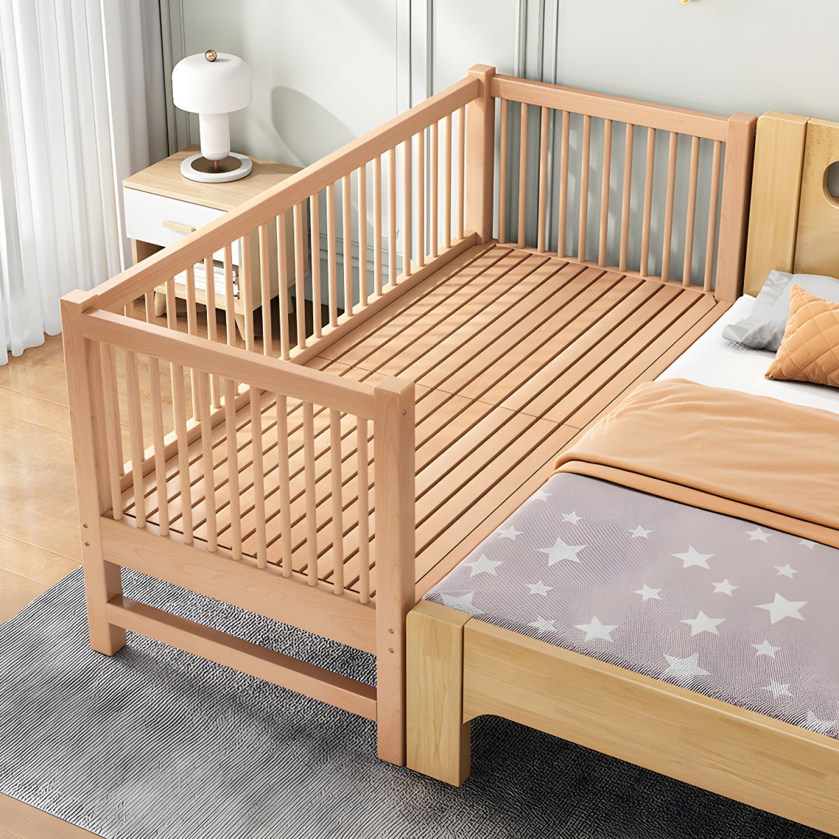 Traditional Style Solid Wood Nursery Crib with Mattress and Guardrail