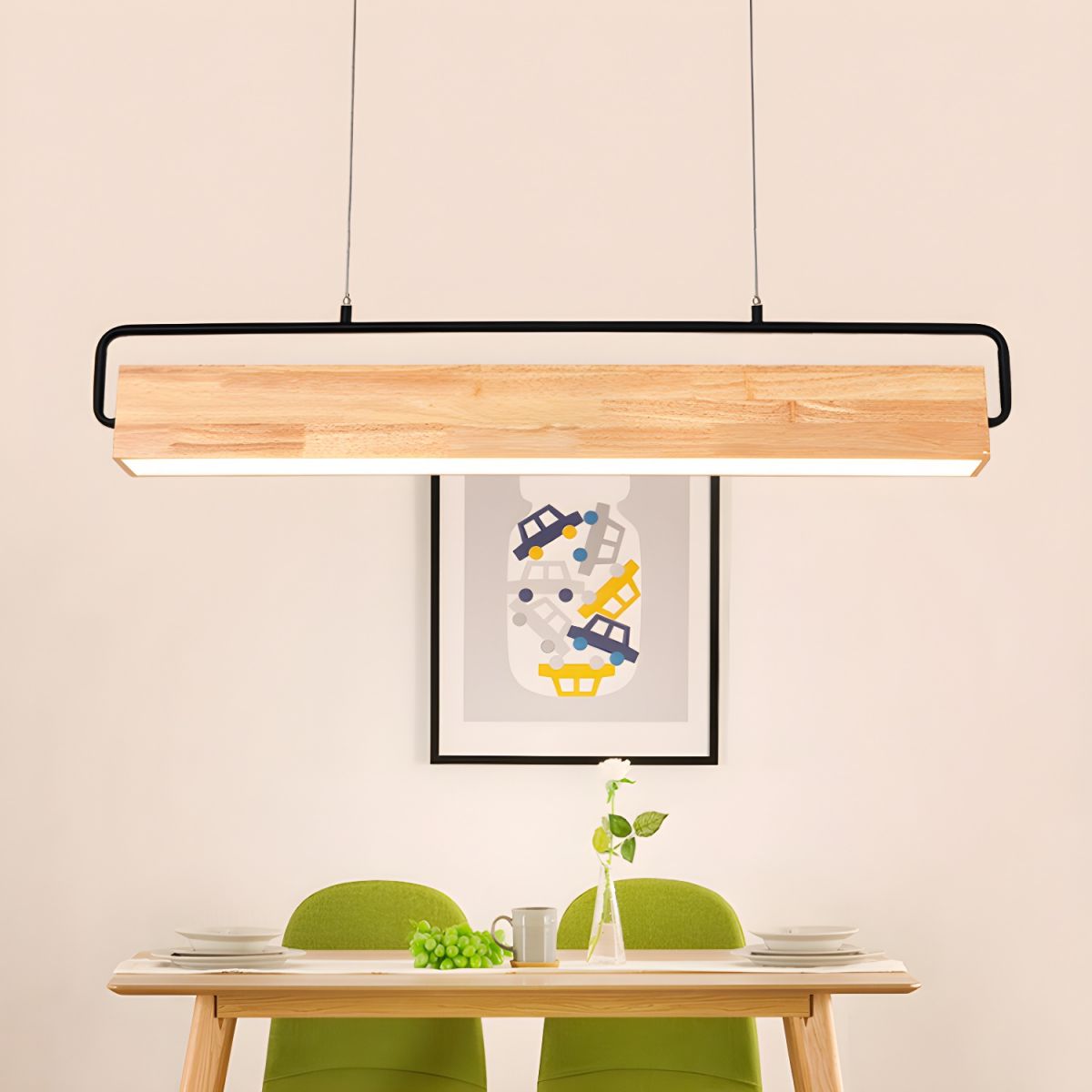 28"/35.5" Wide Modern Rectangular Wood Ceiling Chandelier 1-Head LED Drop Pendant Light in Warm/White Light
