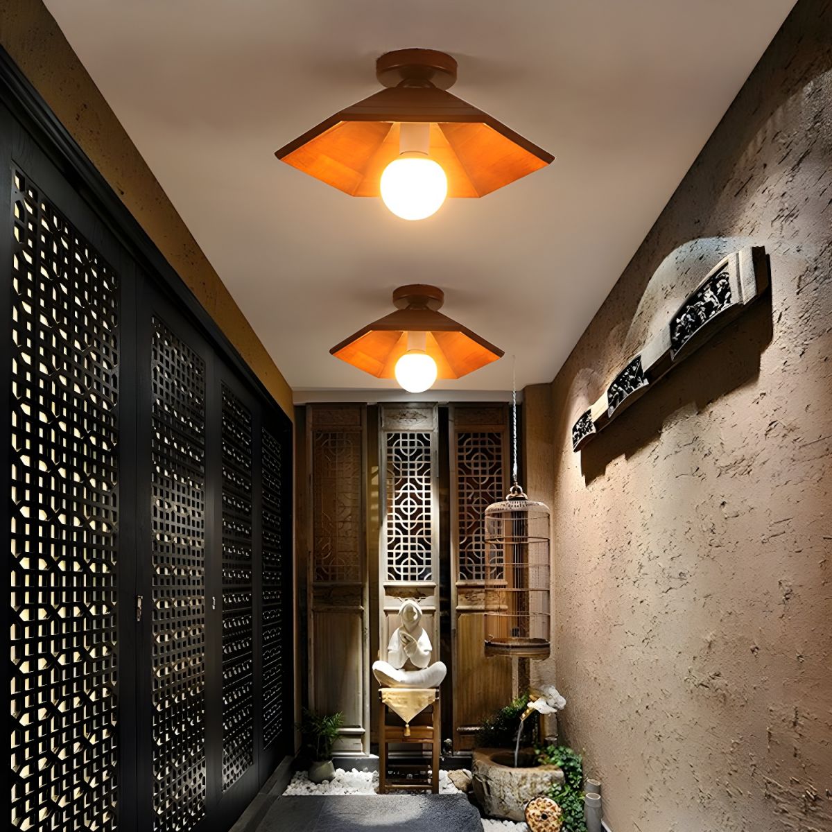 Brown Wood Semi-Flush Mount Ceiling Light with Cone Shaped Shade