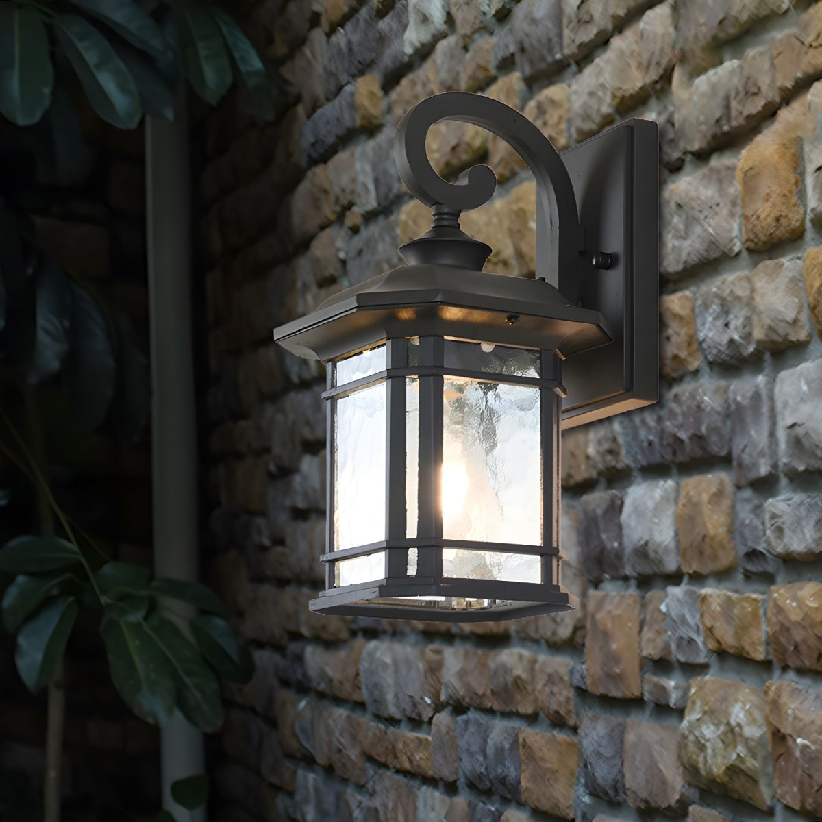 Bronze Curvy Arm Wall Lighting Countryside Clear Ripple Glass Single Head Outdoor Sconce