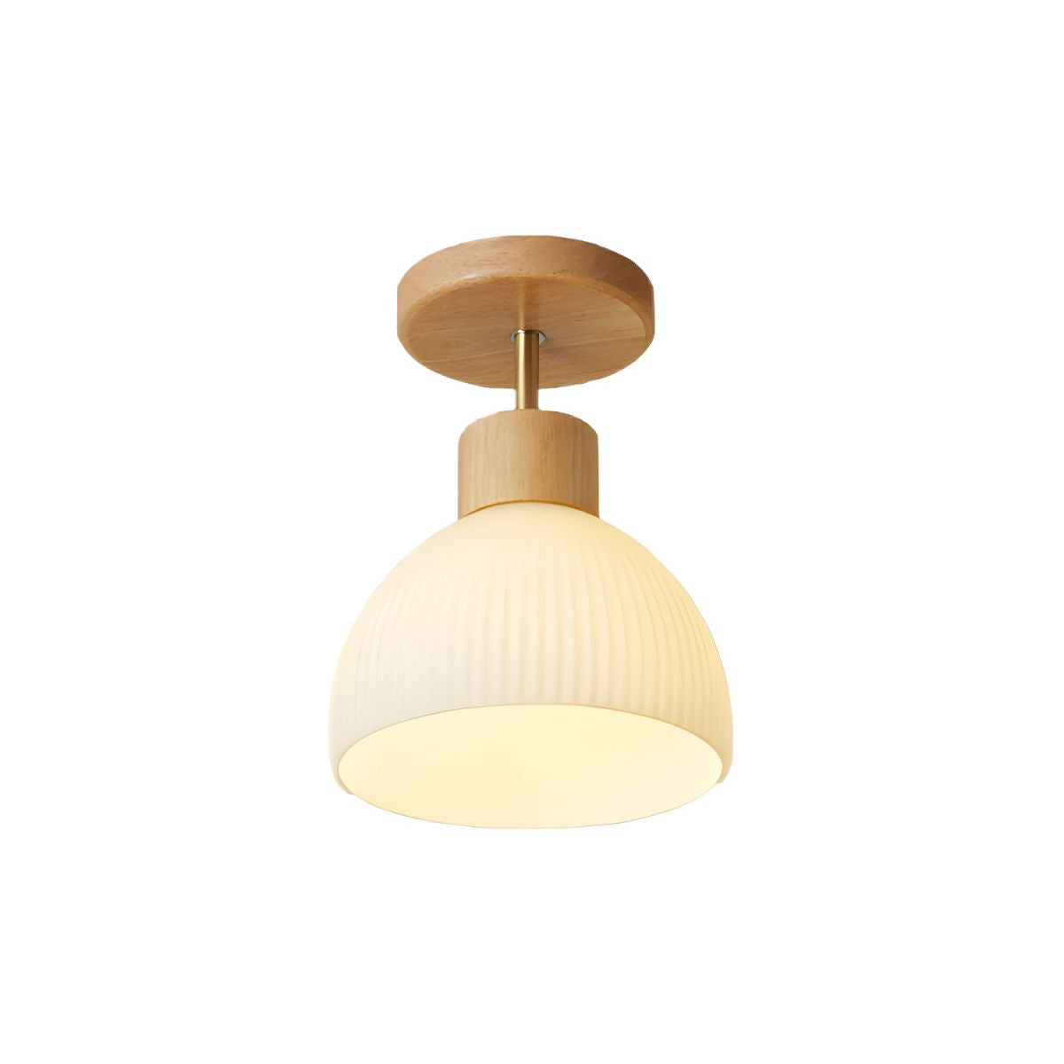 Natural Wood Semi-Flush Mount Ceiling Light with White Glass Bowl Shade