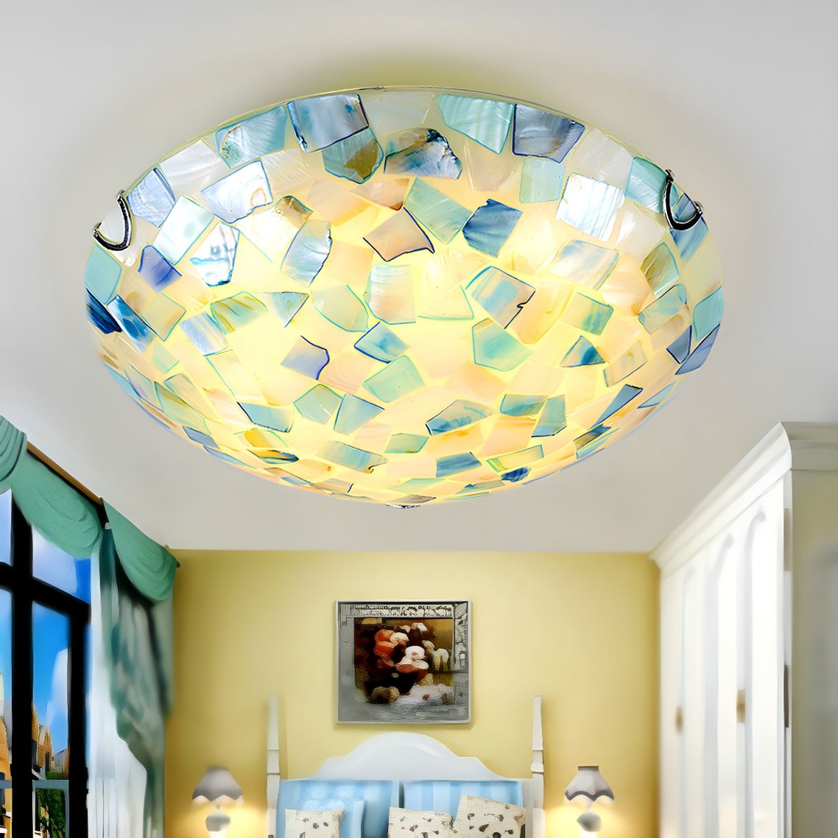 Tiffany Style Mosaic Shade Flush Ceiling Light Shell Flush Mount Lighting Fixture for Bedroom