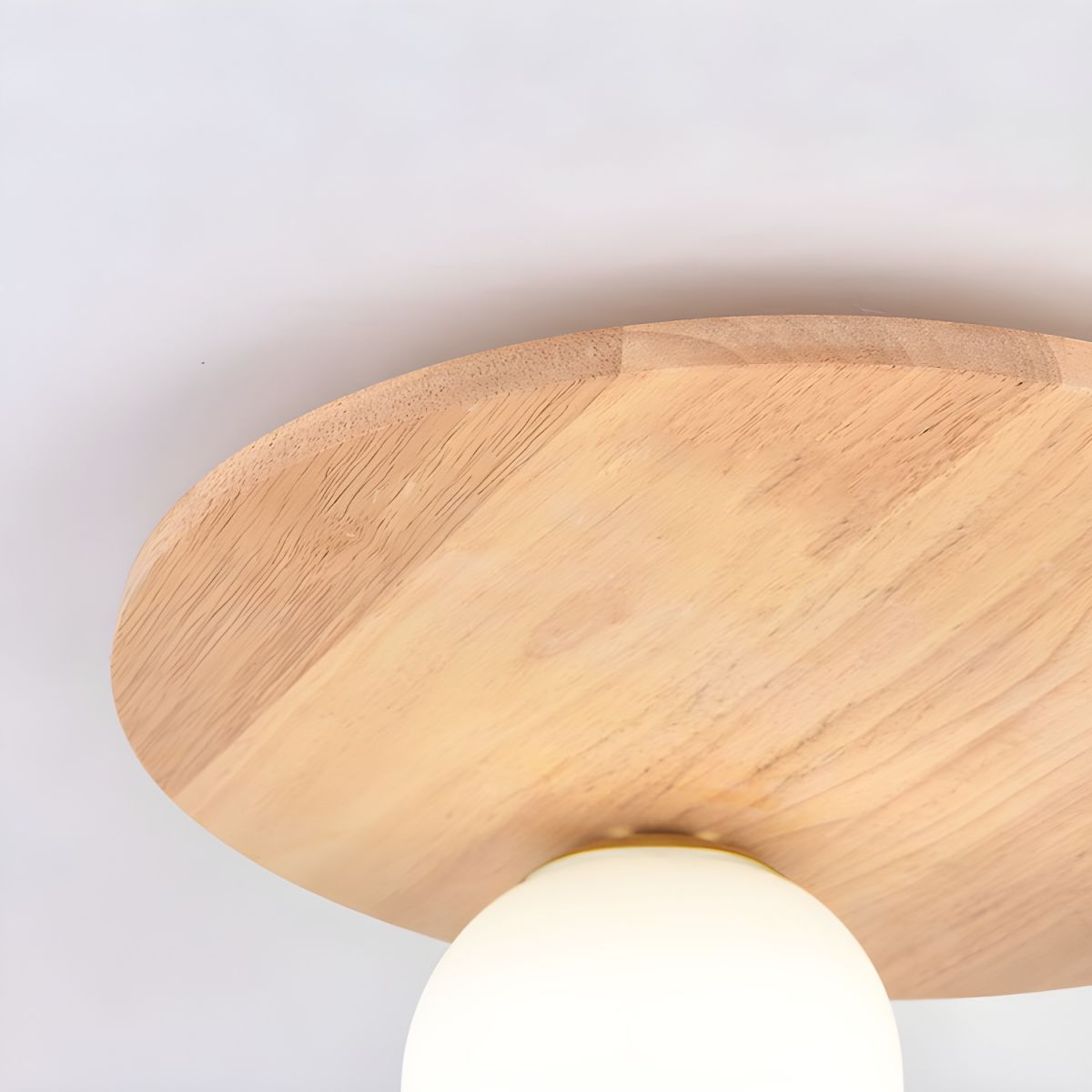 Modern Natural Wood Flush Mount Globe Ceiling Light with White Glass Shade - 14 inches