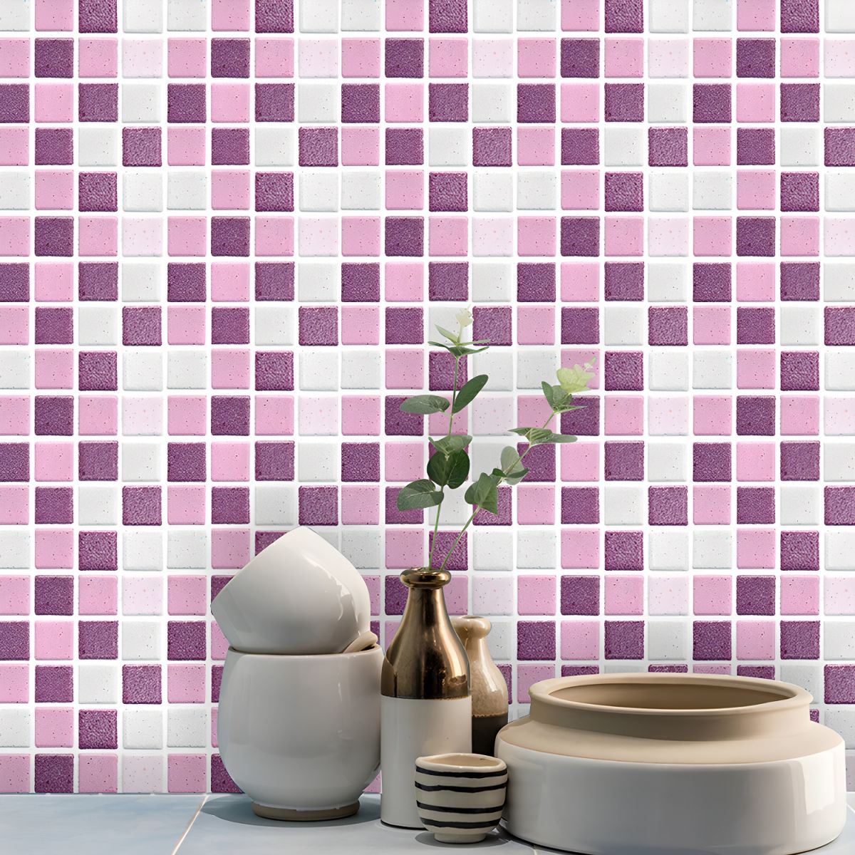 Pink Mosaic Tiles Wallpaper Panel Peel and Stick Wall Decoration for Kitchen, 54 Pcs