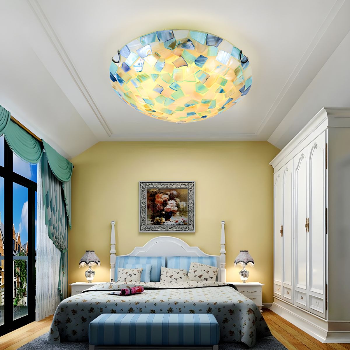 Tiffany Style Mosaic Shade Flush Ceiling Light Shell Flush Mount Lighting Fixture for Bedroom