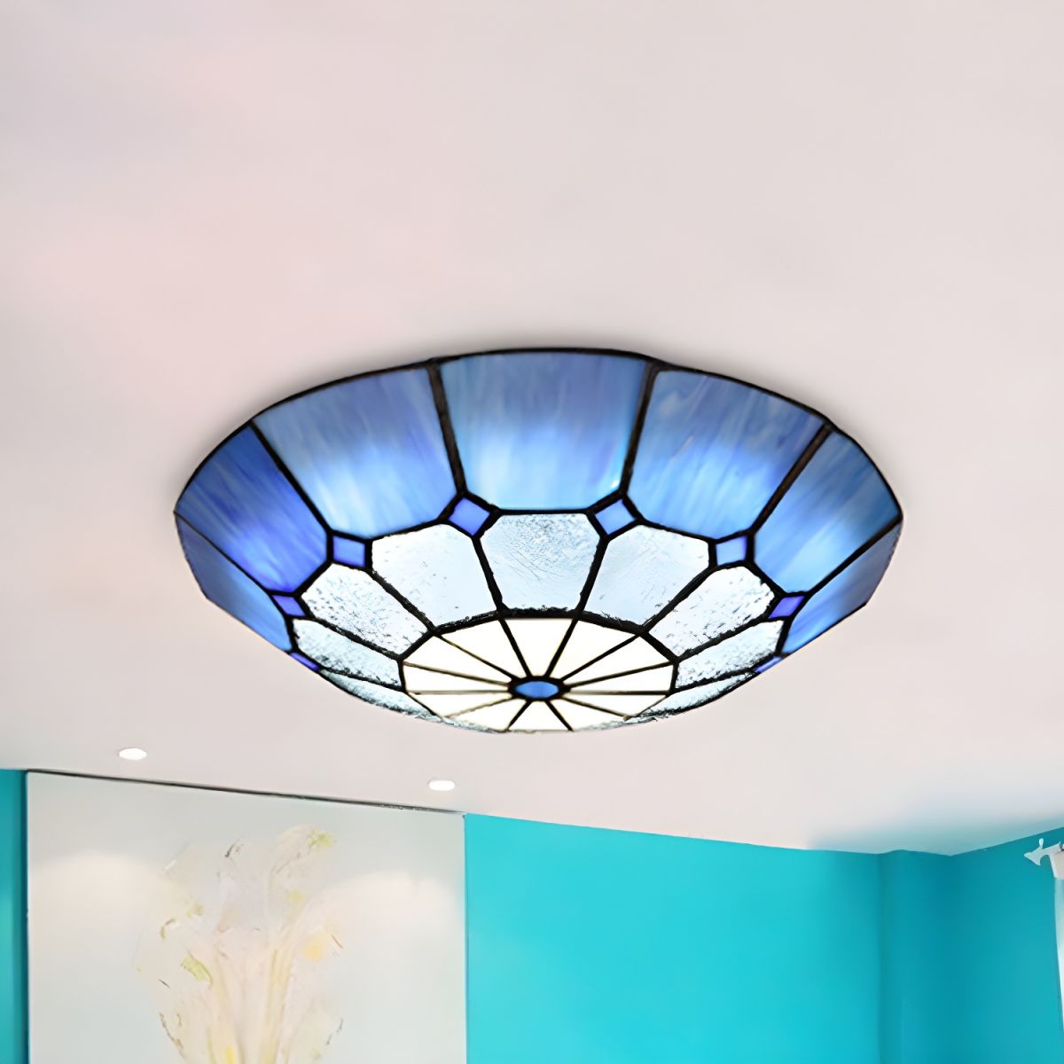 12"/16"/19.5" W Tiffany Blue/Light Blue Flush Ceiling Light with Bowl Shade Stained Glass Flushmount for Living Room
