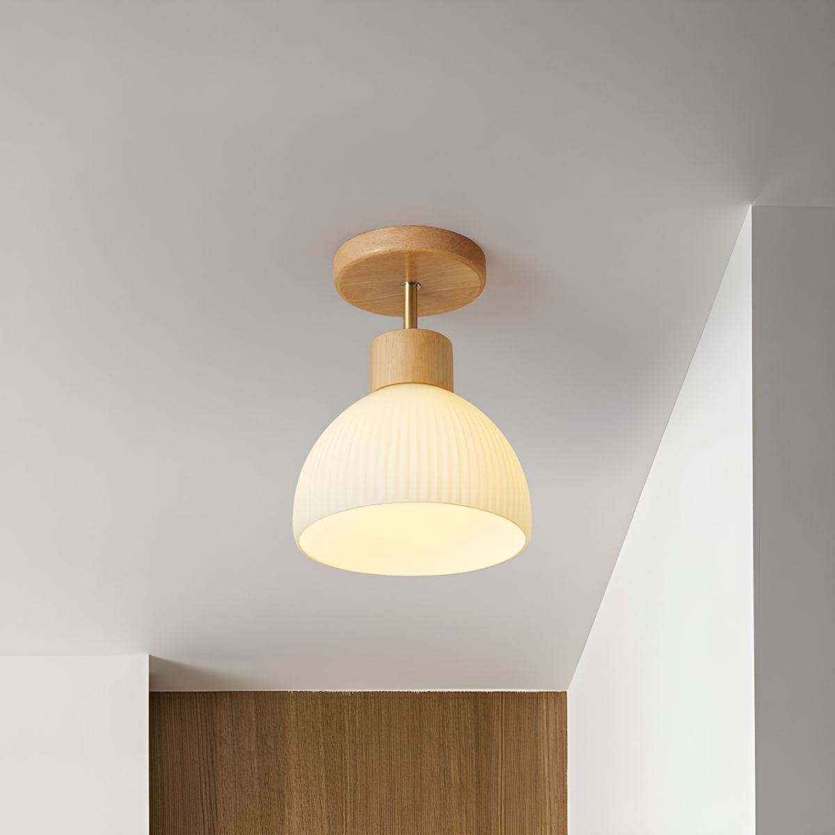 Natural Wood Semi-Flush Mount Ceiling Light with White Glass Bowl Shade
