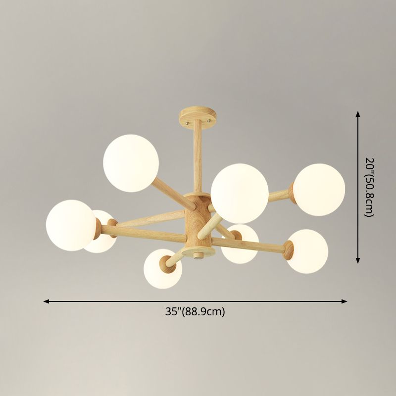 Beige Solid Wood Hanging Light Simplicity Modern Style White Frosted Glass Shade Chandelier Lamp for Living Room Bedroom