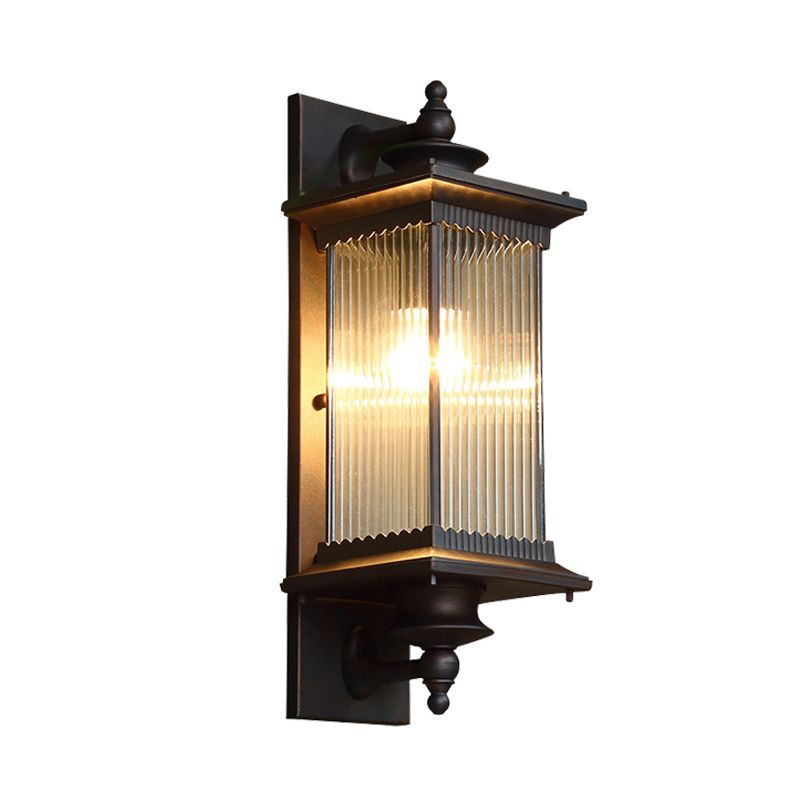 Cuboid Outdoor Sconce Light Country Clear Ribbed Glass 1-Head Black/Bronze/Coffee Wall Lamp for Gate