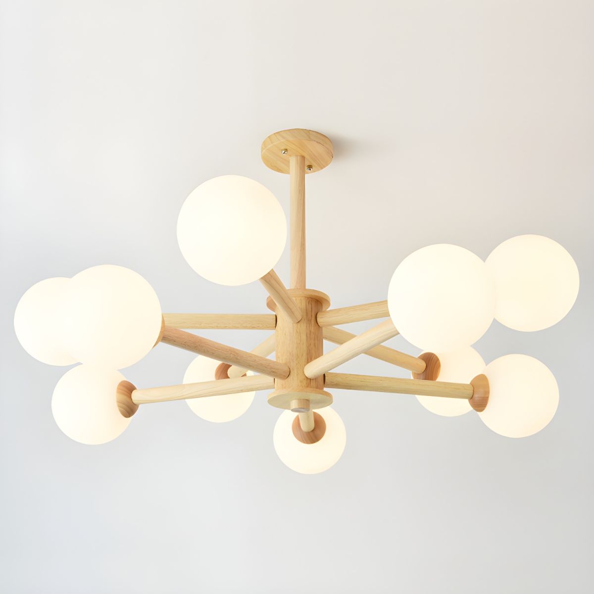 Beige Solid Wood Hanging Light Simplicity Modern Style White Frosted Glass Shade Chandelier Lamp for Living Room Bedroom