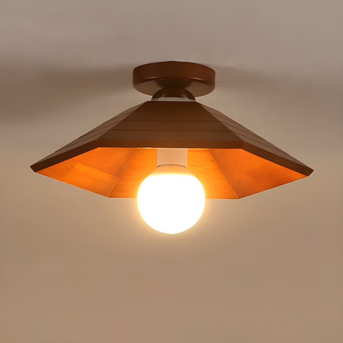 Brown Wood Semi-Flush Mount Ceiling Light with Cone Shaped Shade
