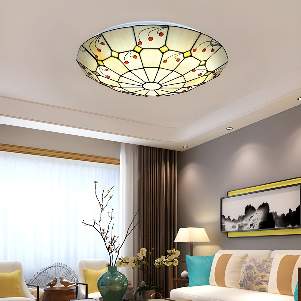 Grid Patterned LED Flush Light Tiffany Glass Classic Flush Ceiling Lighting Fixture