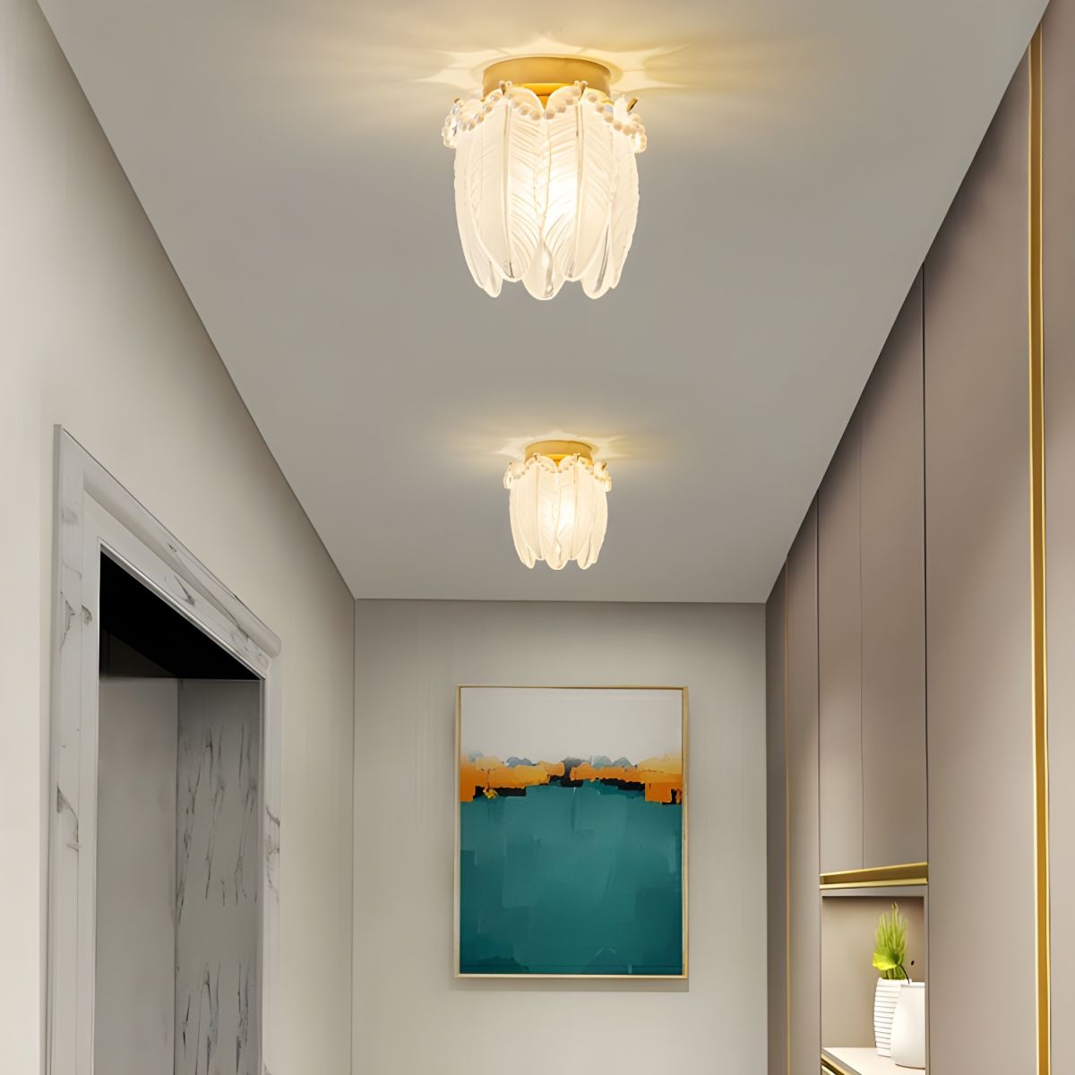 Modern Geometric 1-Light Gold Semi-Flush Ceiling Light with Frosted Glass Shade