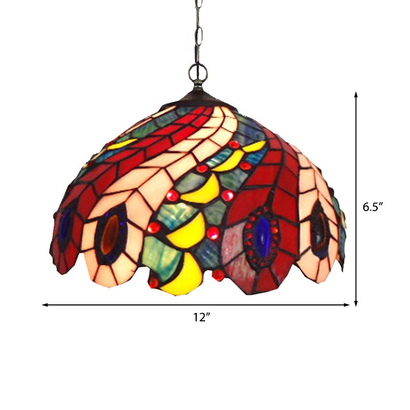 1 Bulb Peacock Ceiling Lamp Tiffany-Style Red Stained Glass Suspension Pendant Light