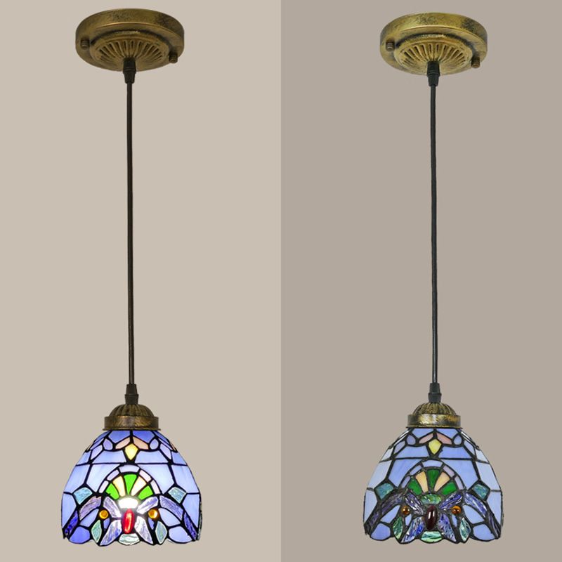 Bowl Pendant Light Tiffany-Style 1 Light Stained Glass Hanging Lamp for Dining Room