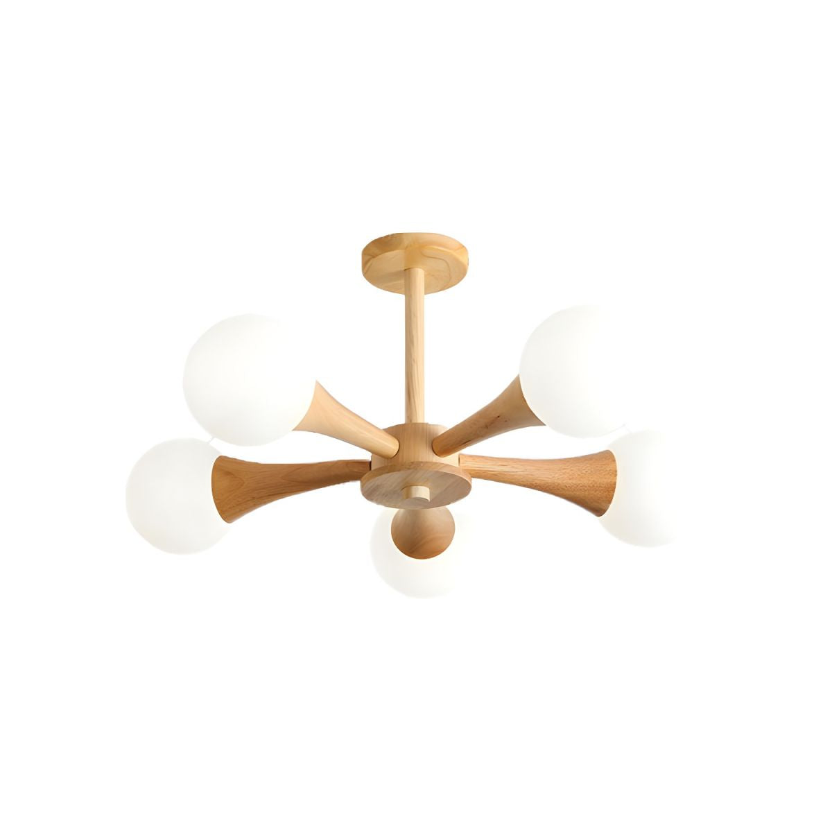 Modern Natural Wood Globe Semi-Flush Mount Ceiling Light with White Glass Shade