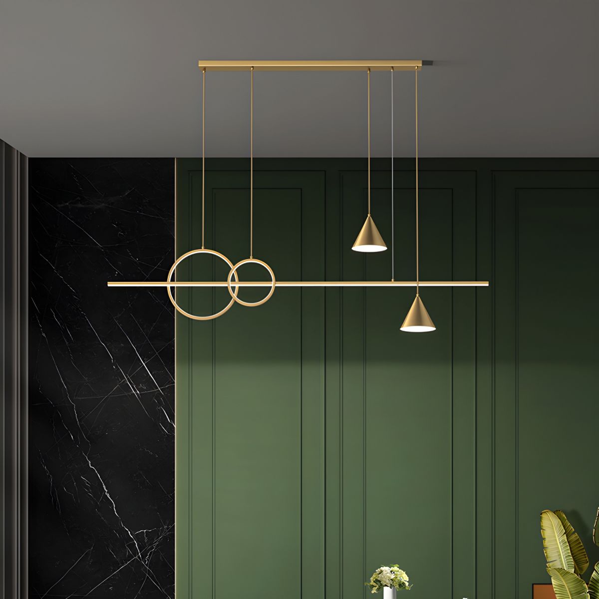 Modern Brass Island Light with 5 Lights and Adjustable Hanging Length