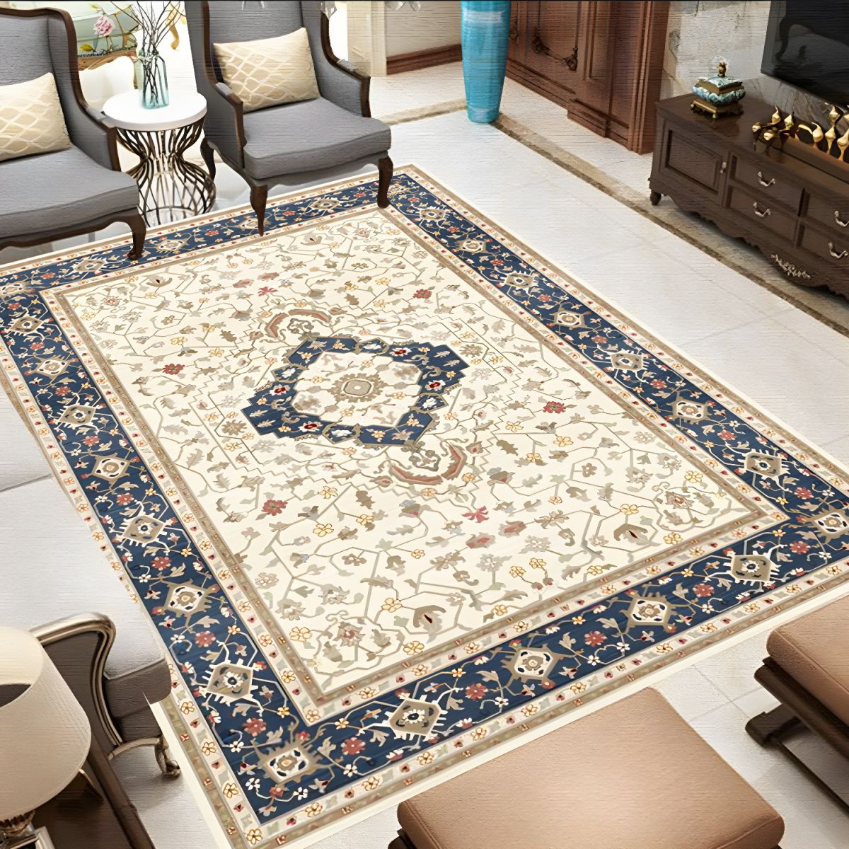 Apricot Retro Rug Polyester Graphic Area Rug Non-Slip Backing Rug for Home Decor