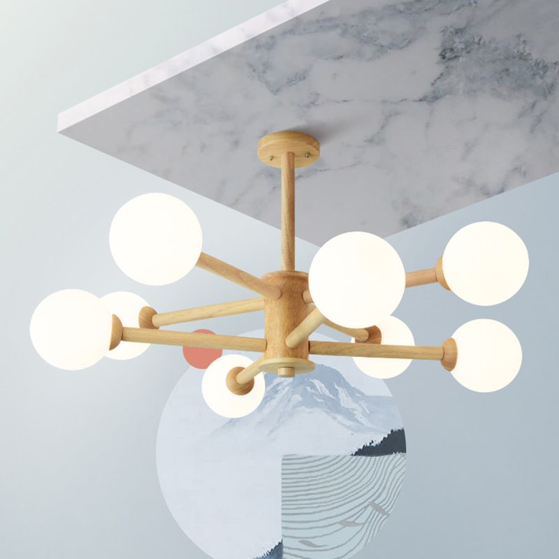 Beige Solid Wood Hanging Light Simplicity Modern Style White Frosted Glass Shade Chandelier Lamp for Living Room Bedroom