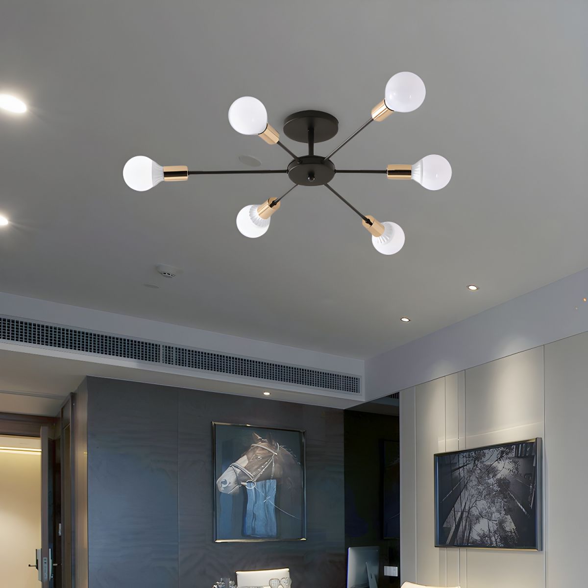 Black Sputnik Semi Flush Light Industrial Metallic 6/8 Lights Ceiling Mounted Fixture with Exposed Bulb, 23.5"/27.5" W