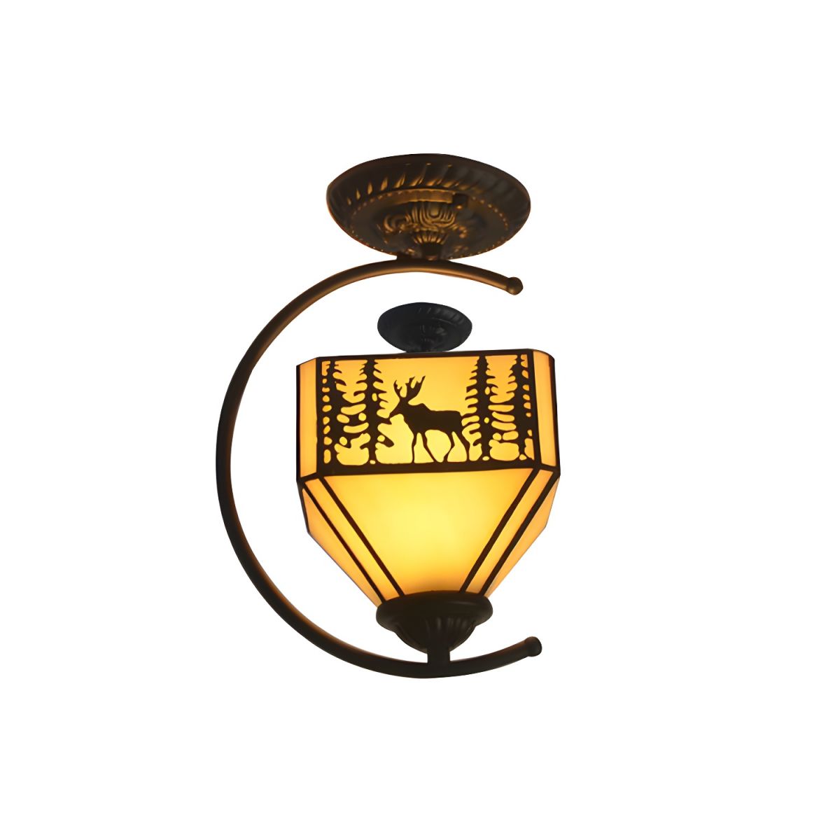 Art Glass Forest Deer Ceiling Lamp with Lodge Shade Bedroom 1 Light Rustic Semi Flushmount Light in Beige