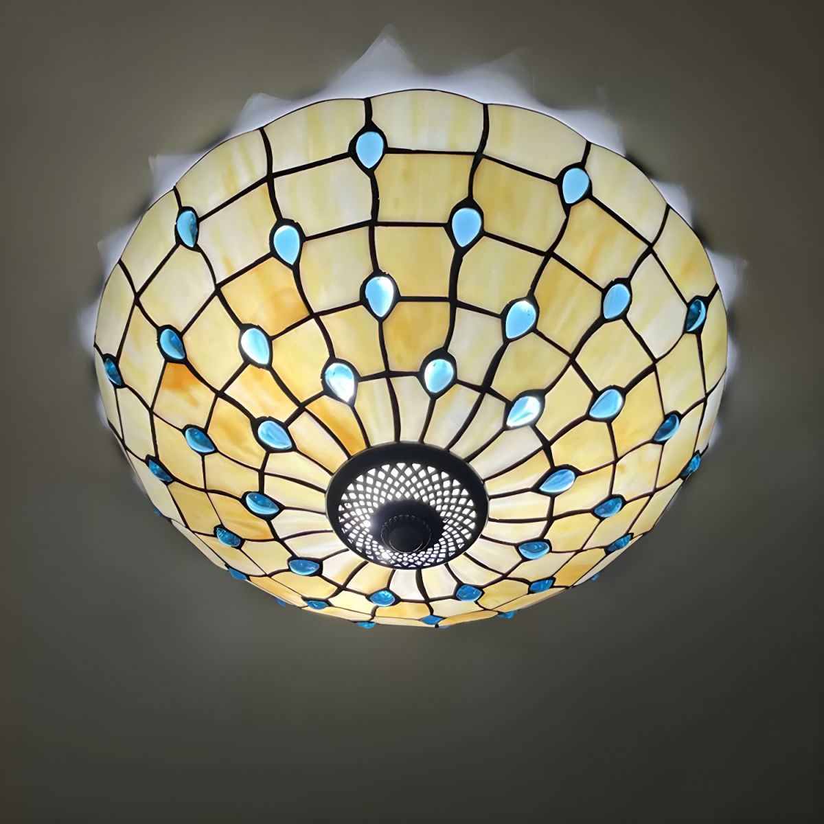 Tiffany Style Metal Flush Mount Ceiling Light with White Glass Shade