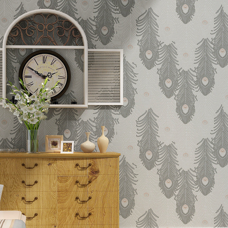 Non-Pasted Vinyl Wallpaper Peacock Feather Living Room Wall Decoration in Light Color Dark Coffee Clearhalo 'Country wall decor' 'Rustic' 'Wallpaper' Wall Decor' 1202870