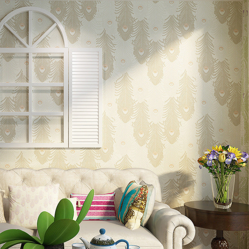 Non-Pasted Vinyl Wallpaper Peacock Feather Living Room Wall Decoration in Light Color Light Coffee Clearhalo 'Country wall decor' 'Rustic' 'Wallpaper' Wall Decor' 1202879