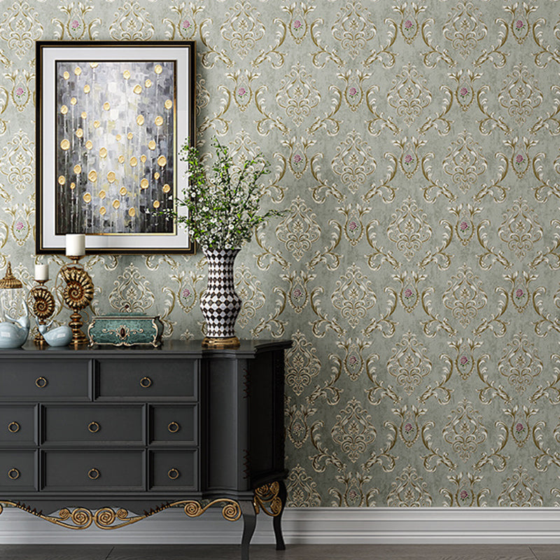 Nostalgic 57.1-sq ft Wallpaper Damask Washable Wall Covering in Light Color for Bedroom Smoke Gray Clearhalo 'Vintage wall decor' 'Vintage' 'Wallpaper' Wall Decor' 1203051