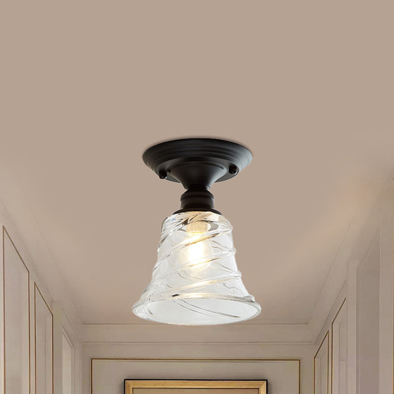 One Light Wavy/Wide Flare Semi-Flush Mount Light Industrial Black Clear Textured Glass Lighting Fixture Clearhalo 'Ceiling Lights' 'Close To Ceiling Lights' 'Close to ceiling' 'Glass shade' 'Glass' 'Semi-flushmount' Lighting' 1207579