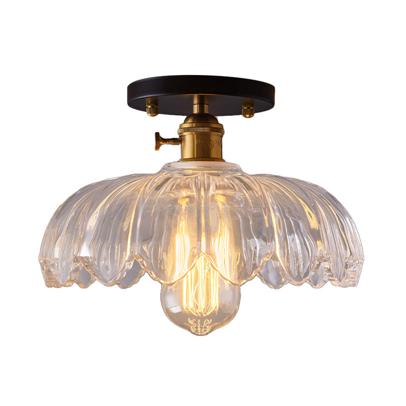 White/Amber One Light Ceiling Mount Industrial Prismatic Glass Scalloped Semi Flush Light Clearhalo 'Ceiling Lights' 'Close To Ceiling Lights' 'Close to ceiling' 'Glass shade' 'Glass' 'Semi-flushmount' Lighting' 1207675