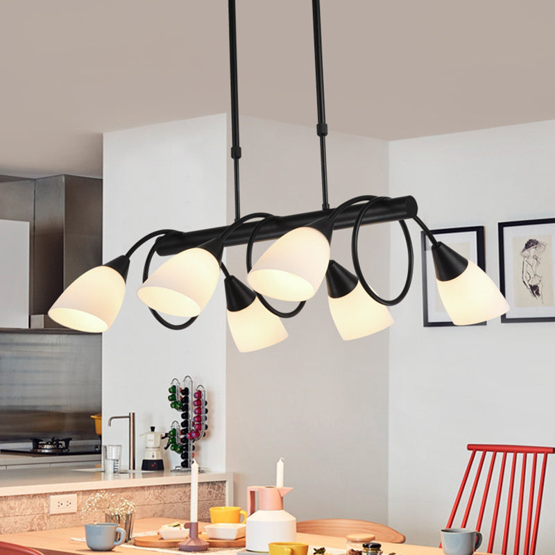 Linear Kitchen Pendant Light Fixture Modern White Glass 6/8/10 Lights Black Hanging Lamp Kit, Down/Up 6 Black Down Clearhalo 'Ceiling Lights' 'Glass shade' 'Glass' 'Island Lights' Lighting' 1207727