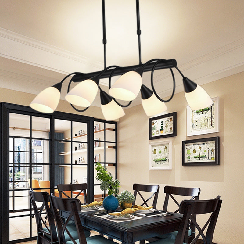 Linear Kitchen Pendant Light Fixture Modern White Glass 6/8/10 Lights Black Hanging Lamp Kit, Down/Up Clearhalo 'Ceiling Lights' 'Glass shade' 'Glass' 'Island Lights' Lighting' 1207728